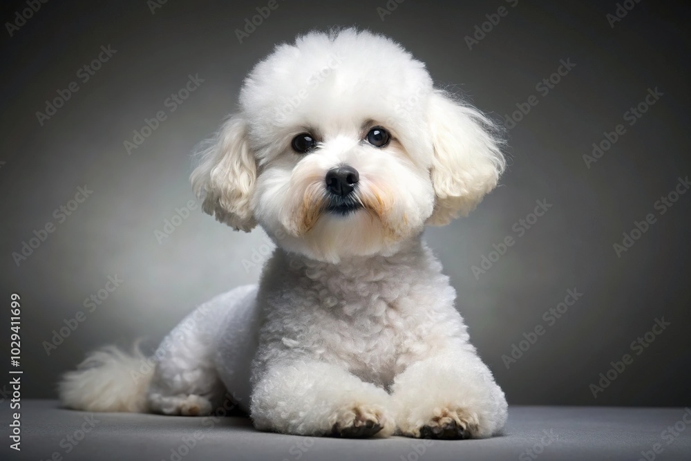 Playful Bichon Frise posing on grey background Playful Bichon Frise posing on grey background