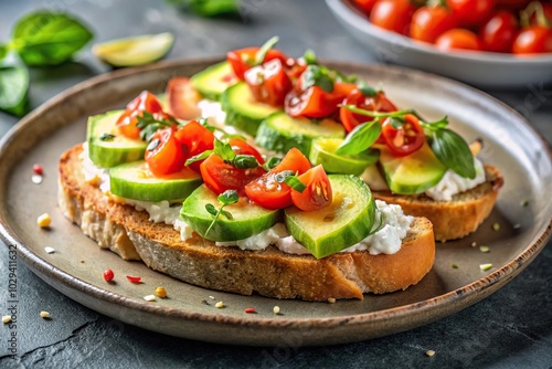 Plate with tilt angle bruschetta, cream cheese, avocado