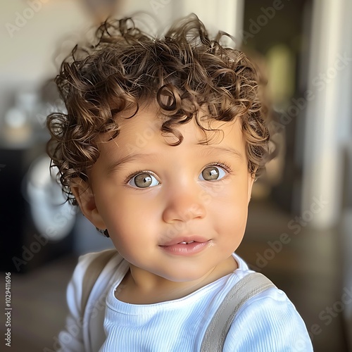 there is a young boy with curly hair and a blue shirt