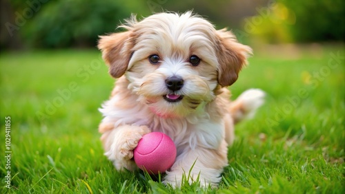 Playful havanese puppy playing with pink ball in grass photo