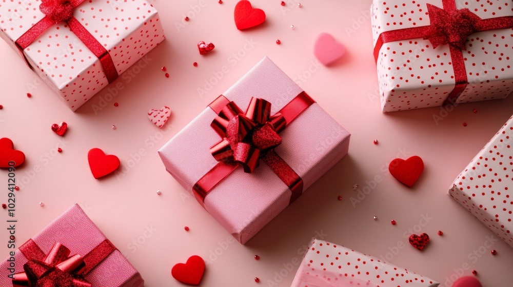 Valentine's Day gift box arrangement with hearts and confetti on a soft pink background Valentine's Day gift box arrangement with hearts and confetti on a soft pink background