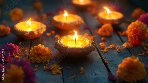 Close-Up of Traditional Clay Diya Lamps with Marigold Flowers and Festive Decor