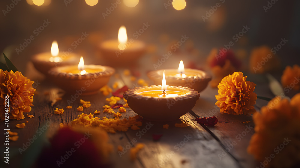 Clay Diya Lamps Casting Soft Shadows on a Wooden Surface