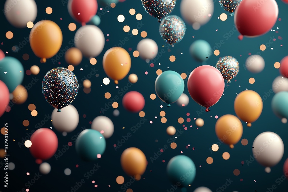 Colorful balloons floating in mid-air with sparkling confetti background. Colorful balloons floating in mid-air with sparkling confetti background.