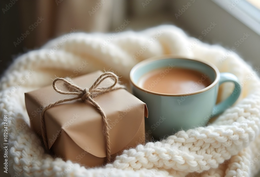 A small, handmade gift with a rustic look, wrapped in brown kraft paper and tied with twine, resting on a cozy knitted blanket with a warm cup of cocoa beside it create with ai A small, handmade gift with a rustic look, wrapped in brown kraft paper and tied with twine, resting on a cozy knitted blanket with a warm cup of cocoa beside it create with ai