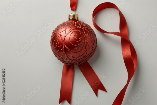  red Christmas decoration bauble with ribbon bow isolated on white background