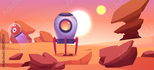 Cosmic planet landscape with Unidentified flying object UFO, vector alien invasion desert surface with rocks, sunny sky