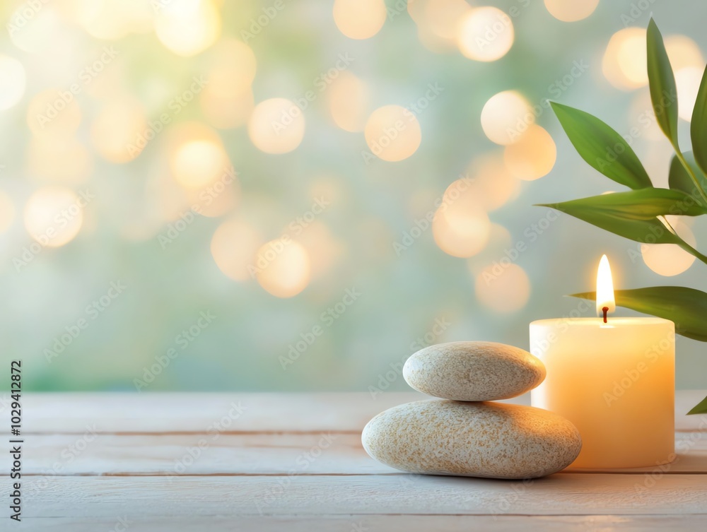 Calming stones and candle on a wooden table, serene ambient background. Calming stones and candle on a wooden table, serene ambient background.