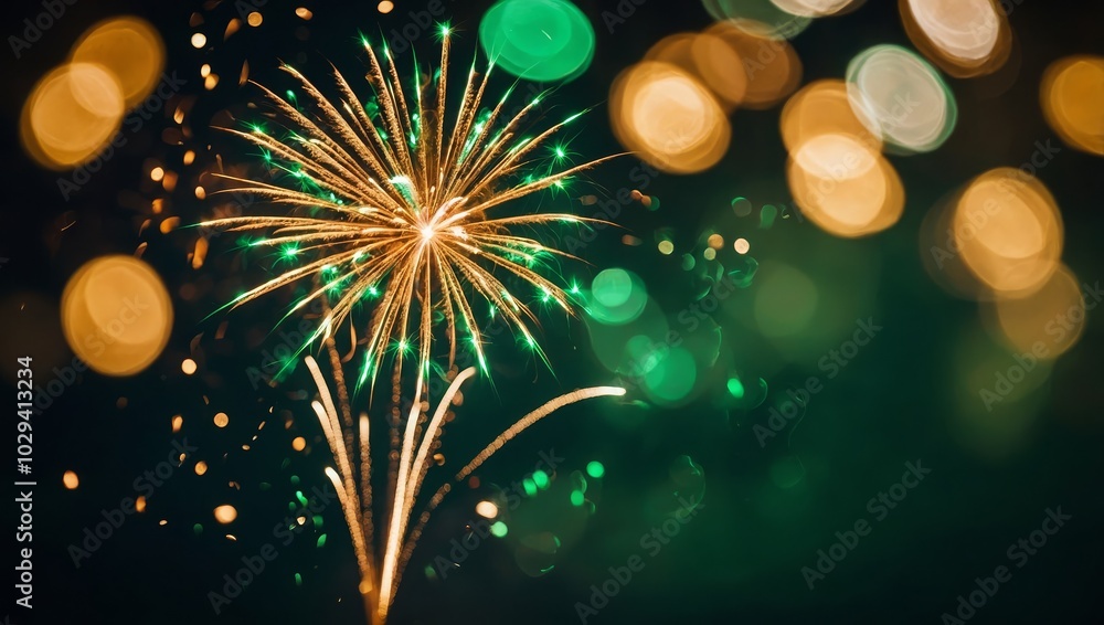 Fototapeta premium Vintage gold and green Fireworks and bokeh in New Year eve and copy space. Abstract background holiday 