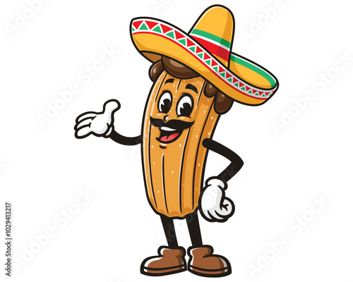 Churros with Sombrero, Cartoon Mascot Illustration Character Vector Clip-art Hand-drawn Logo Design