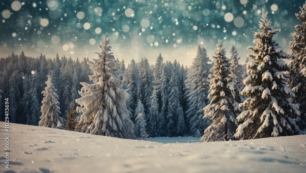 Naklejka premium Winter landscape with snow and fir trees as vintage christmas wallpaper,colourful