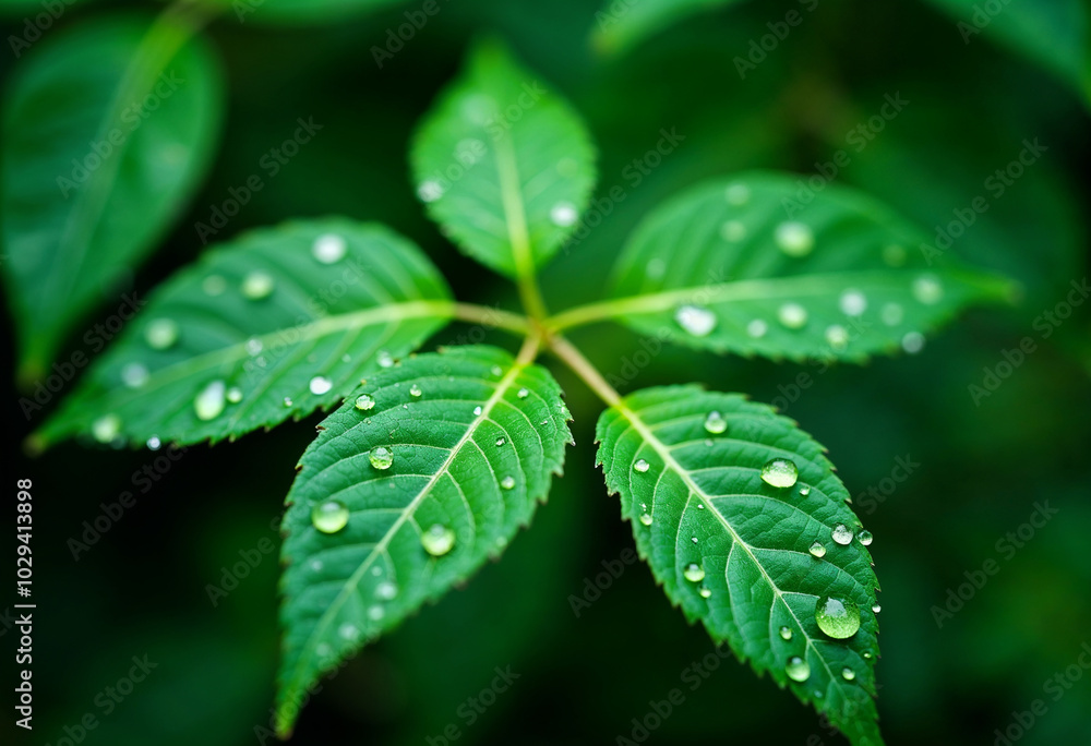 Close-Up of Fresh Green Leaves with Dewdrops Close-Up of Fresh Green Leaves with Dewdrops