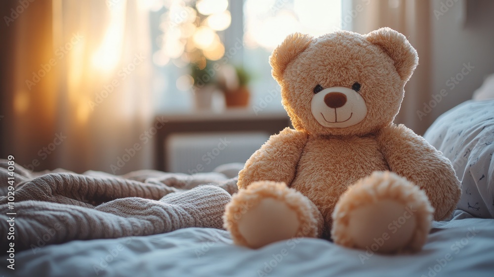 A soft teddy bear sits on a bed, bathed in warm sunlight, creating a cozy atmosphere. A soft teddy bear sits on a bed, bathed in warm sunlight, creating a cozy atmosphere.