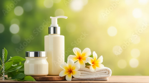 Two skincare containers are placed alongside soft towels and tropical flowers on a wooden surface, illuminated by warm sunlight in a serene environment