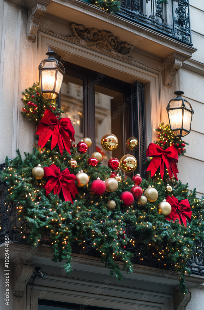 Fototapeta premium Christmas decorations adorn the front of the house, featuring red and gold ornaments hanging on the windowsill alongside a green wreath, all set against a snow-covered garden landscape.