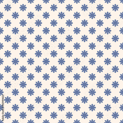 Vector seamless pattern in retro vintage style. Simple geometric floral ornament. Abstract background texture with small bold flower silhouettes, sun. Repeated funky geo design. Blue and white color