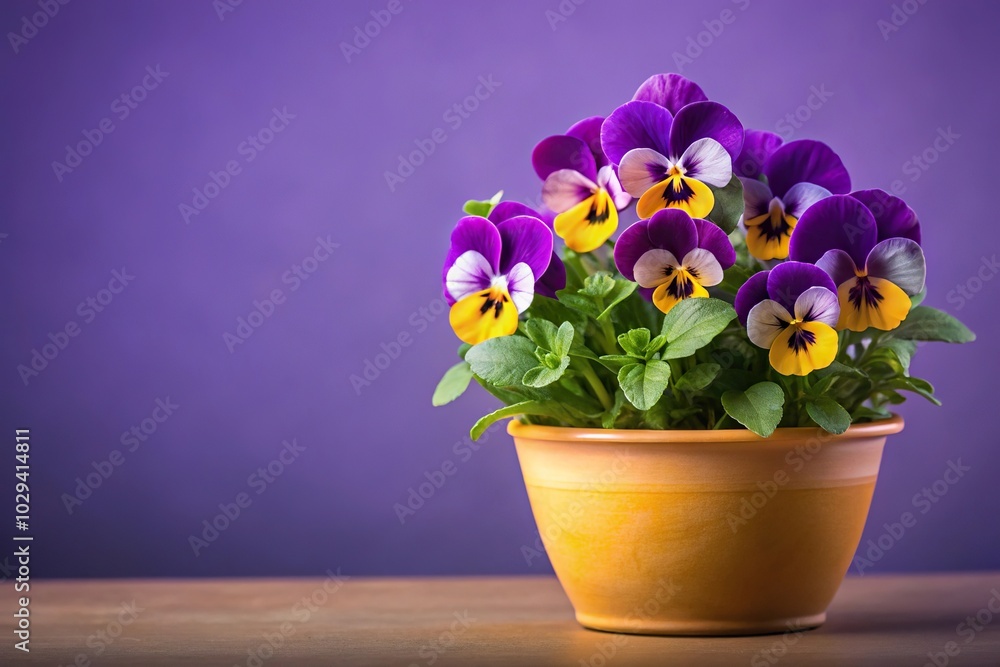 purple and yellow pansy in a ceramic pot against a lavender background purple and yellow pansy in a ceramic pot against a lavender background