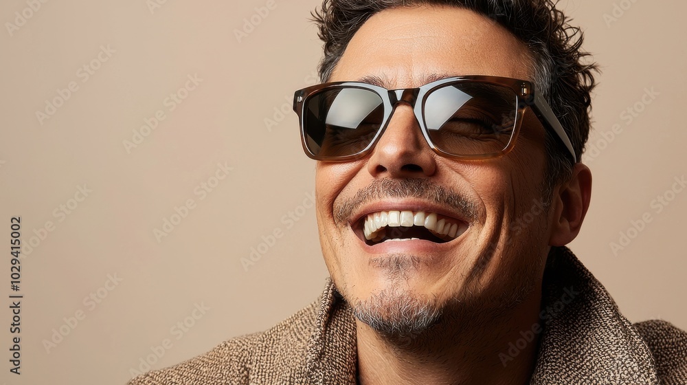 A man enjoying life, laughing with sunglasses on, against a neutral background, showcasing a moment of joy and confidence A man enjoying life, laughing with sunglasses on, against a neutral background, showcasing a moment of joy and confidence