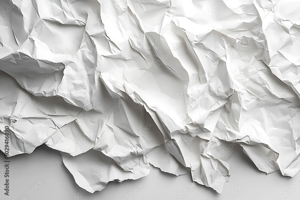 Obraz premium Detailed close-up of a crumpled white paper texture, showcasing chaotic folds and intricate creases, ideal for backgrounds, design projects, or texture overlays. 