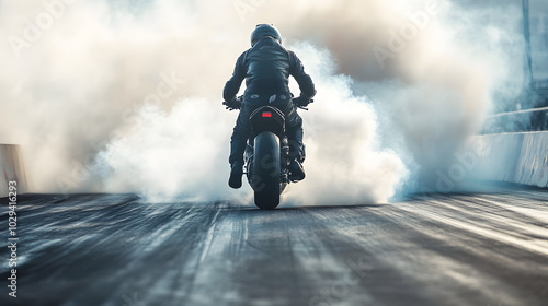 A motorcycle rider performing a burnout as they launch into the first lap of a drag race smoke pouring from the tires.