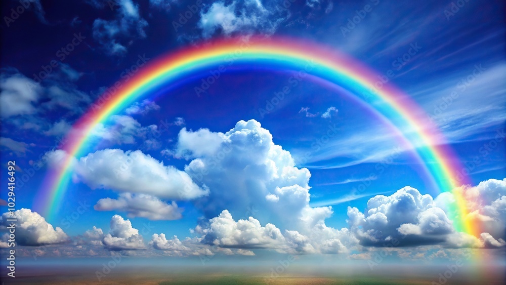 rainbow and white clouds against blue background Close-Up rainbow and white clouds against blue background Close-Up