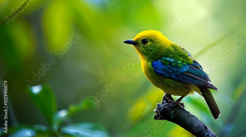 there is a yellow bird sitting on a branch in the forest