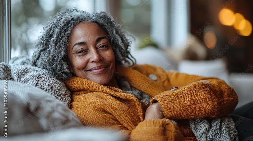 A woman with beautiful gray curls relaxes on a cozy sofa in a warm-toned sweater, enjoying a peaceful afternoon indoors A woman with beautiful gray curls relaxes on a cozy sofa in a warm-toned sweater, enjoying a peaceful afternoon indoors