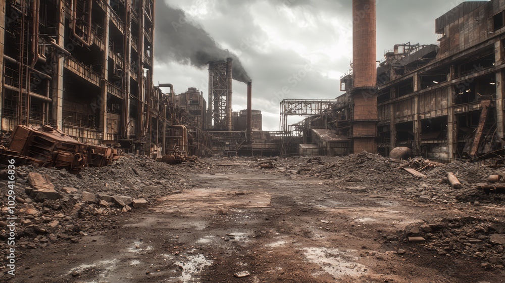 Fototapeta premium Forgotten Society: Eerie Dystopian Landscape of Abandoned Industrial Complex under Stormy Skies with Cinematic Lighting