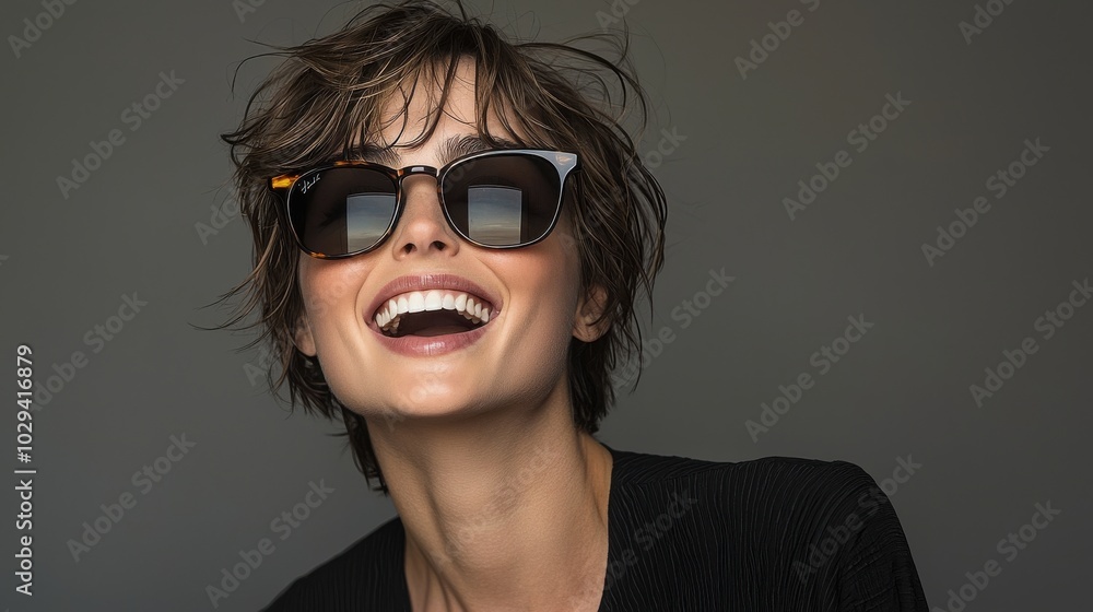 A woman with short hair wearing stylish sunglasses smiles brightly indoors against a neutral background A woman with short hair wearing stylish sunglasses smiles brightly indoors against a neutral background