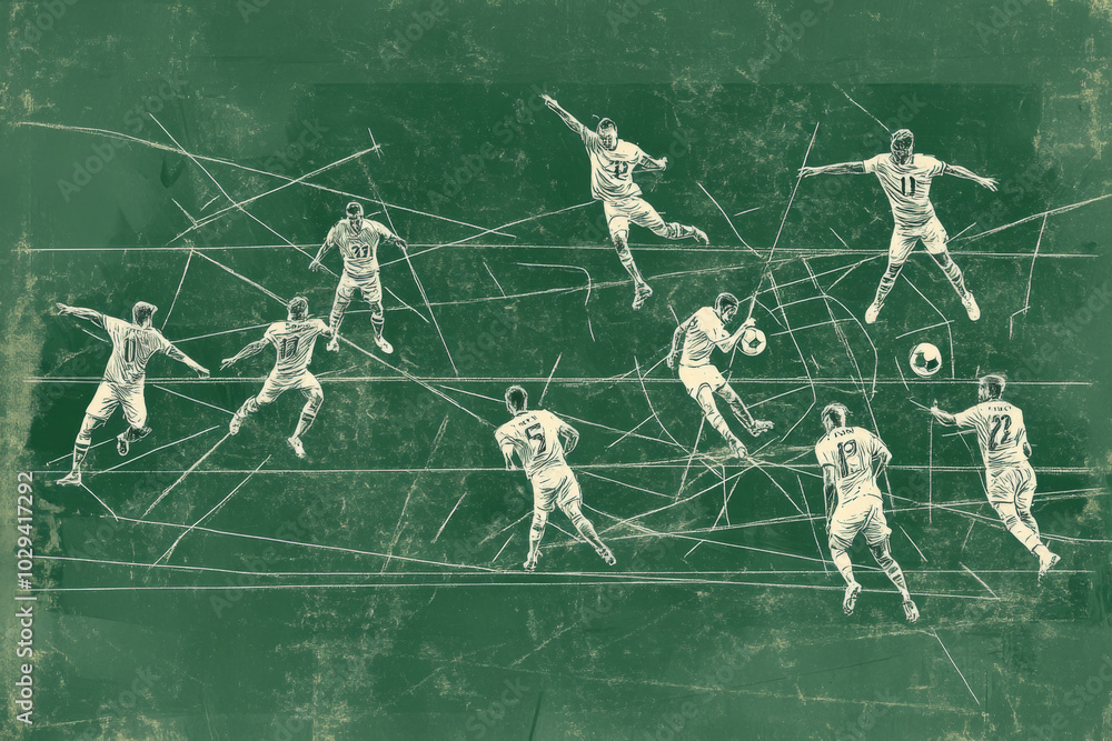 Blackboard with chalk drawings of soccer players running, passing and shooting on the field with arrows showing the game plan. Illustration of game tact