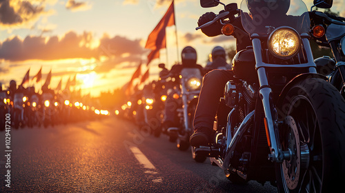 A motorcycle rally with hundreds of bikes lined up at sunset flags waving and riders preparing for the journey.