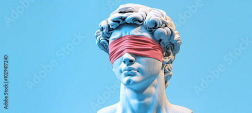 Sculpture of David with a blindfold on a blue background