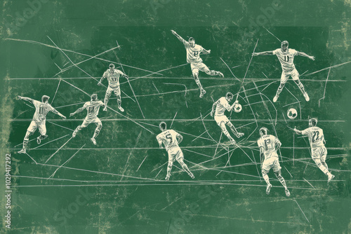 Obraz na płótnie Blackboard with chalk drawings of soccer players running, passing and shooting on the field with arrows showing the game plan. Illustration of game tact w salonie