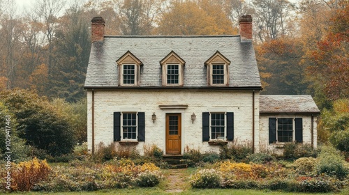 charming saltbox house with louvered shutters and brass handles showcasing a quaint architectural style surrounded by a serene landscape that enhances its rustic charm