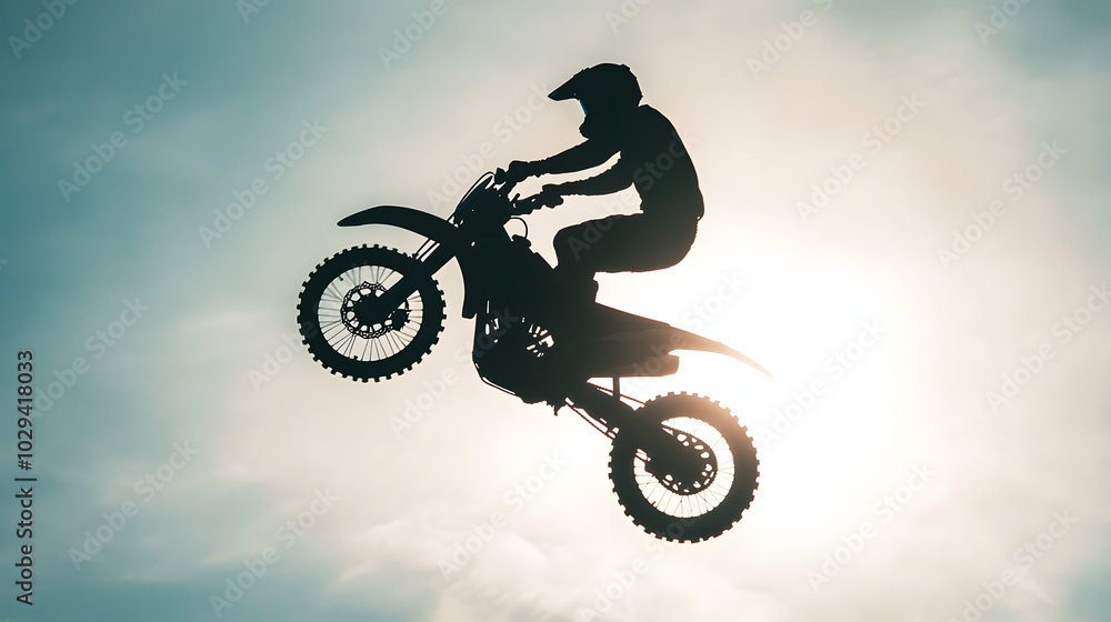 A motorcycle stunt rider mid-air during a backflip silhouetted against a bright afternoon sky. A motorcycle stunt rider mid-air during a backflip silhouetted against a bright afternoon sky.
