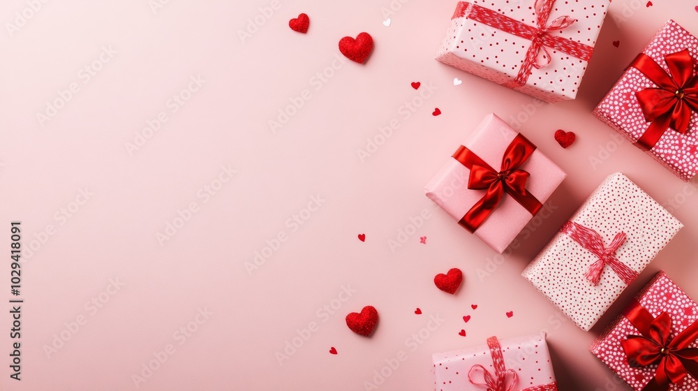 A top-down view of a Valentine's Day arrangement featuring gift boxes and heart-shaped decor on a soft pink background. With copy space for text. A top-down view of a Valentine's Day arrangement featuring gift boxes and heart-shaped decor on a soft pink background. With copy space for text.