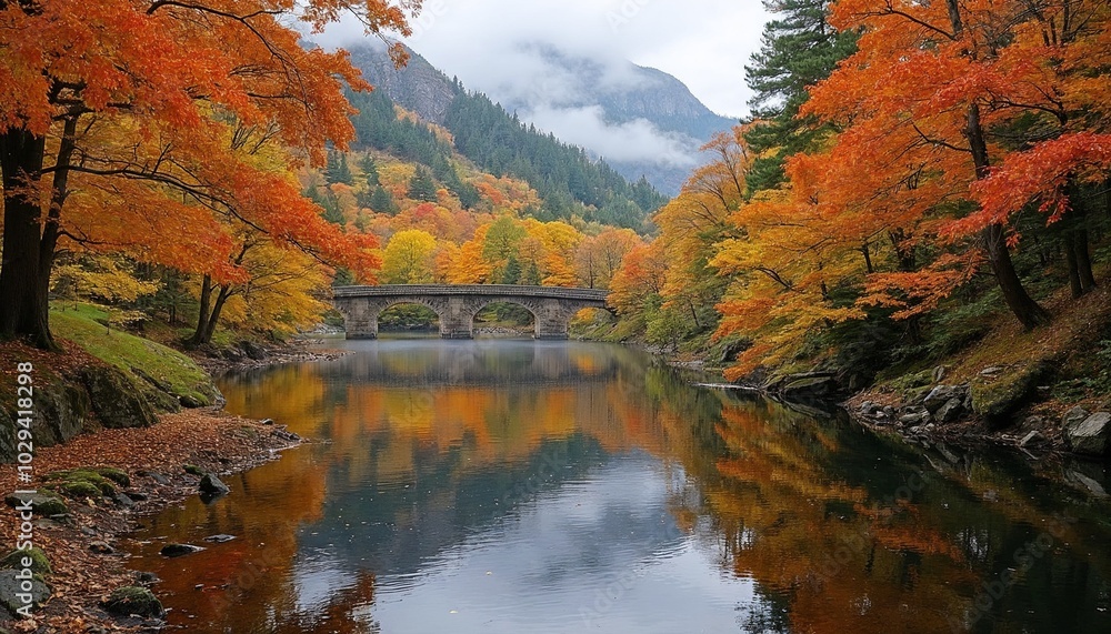 Stunning autumn landscape with a serene river, colorful trees, and a historic stone bridge Stunning autumn landscape with a serene river, colorful trees, and a historic stone bridge