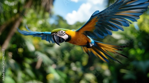 A vibrant blue and yellow parrot is captured mid-flight against a lush green jungle background, highlighting the beauty and grace of tropical wildlife. photo