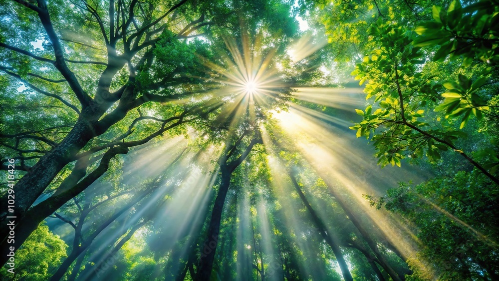 ray of sun shining through tree branches, high angle view ray of sun shining through tree branches, high angle view