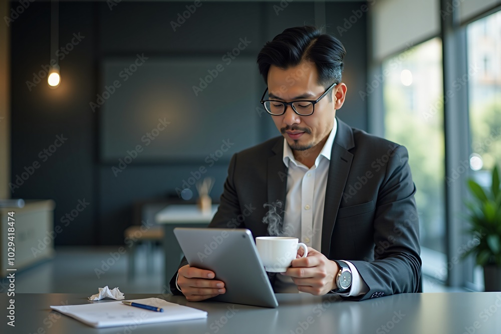 Asian businessman reviewing financial data on iPad at standing desk Asian businessman reviewing financial data on iPad at standing desk