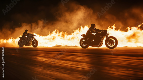 A nighttime drag race between two motorcycles on a deserted road with flames bursting from the exhausts as they accelerate.