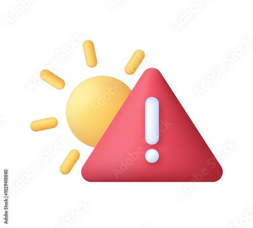 3D Sun warning icon. Exclamation mark. High temperature warning sign. Hot summer day, heatwave.