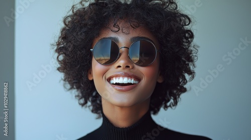 A joyful young woman with curly hair wearing stylish sunglasses, smiling brightly in a sunlit room