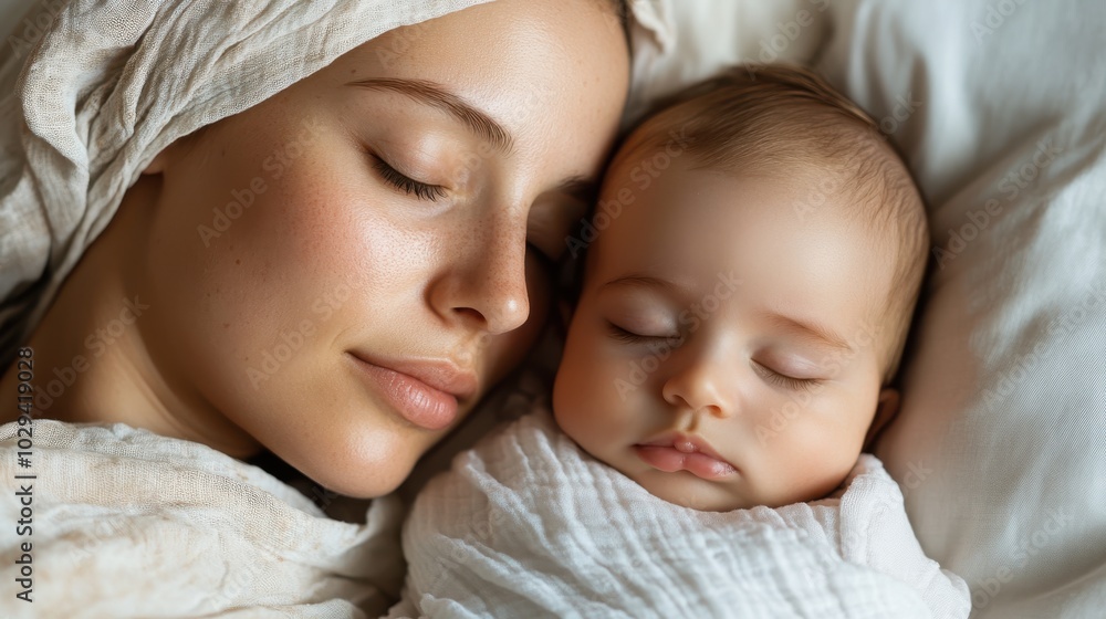 A serene image of a mother and her infant peacefully sleeping, wrapped in delicate fabrics that convey warmth, intimacy, and the bond of motherhood. A serene image of a mother and her infant peacefully sleeping, wrapped in delicate fabrics that convey warmth, intimacy, and the bond of motherhood.