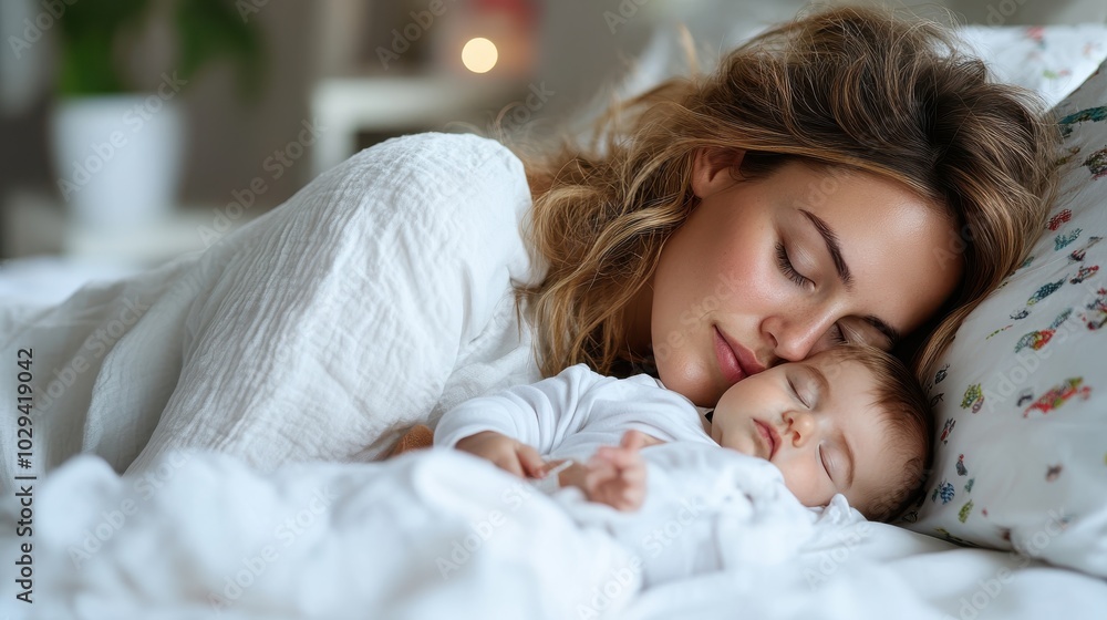 This calm image captures a mother and baby sharing a peaceful moment of rest, portraying the deep bond and love found in maternal relationships. This calm image captures a mother and baby sharing a peaceful moment of rest, portraying the deep bond and love found in maternal relationships.