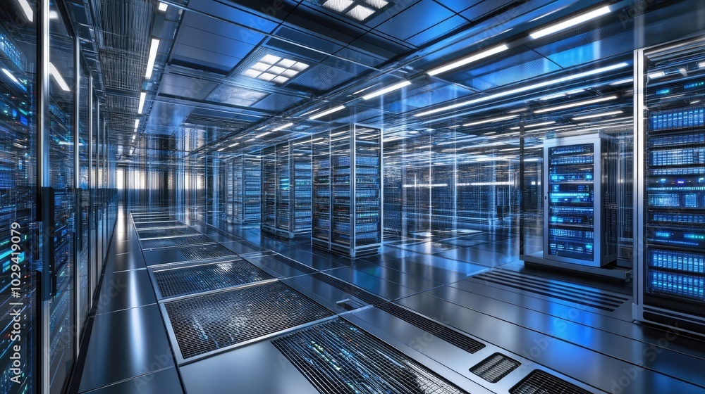 A futuristic data center with rows of servers and cooling systems in action. A futuristic data center with rows of servers and cooling systems in action.