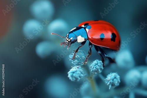 Macro image of a ladybug on a delicate flower bud photo