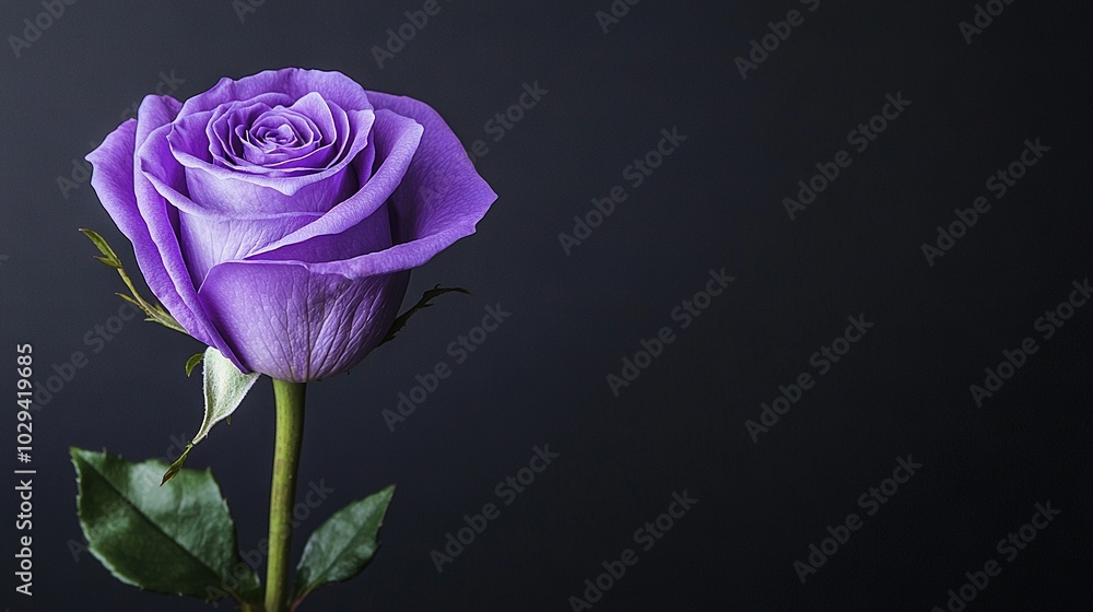 Fototapeta premium Purple rose on green stem against black backdrop