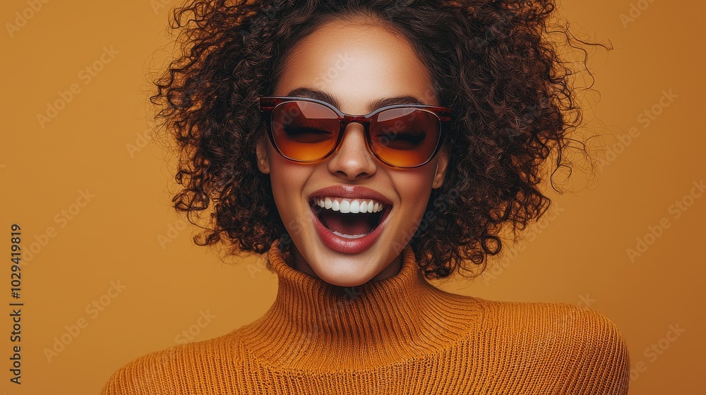 A woman in a stylish turtleneck and sunglasses smiles brightly against a vibrant orange backdrop A woman in a stylish turtleneck and sunglasses smiles brightly against a vibrant orange backdrop