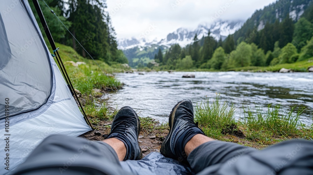 A calming view from inside a tent depicting a relaxing moment by the riverside, with person stretched out enjoying the picturesque backdrop of snow-capped mountains and dense forest.